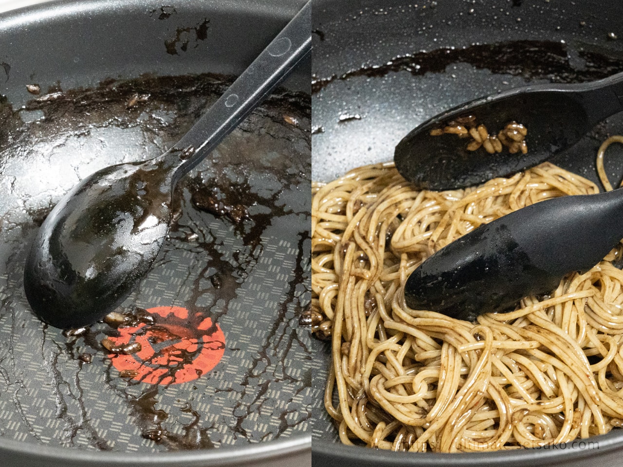 残ったソースをパスタに絡める